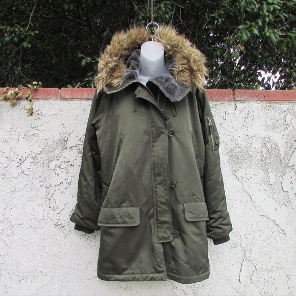 GAP green satin faux fur padded coat M